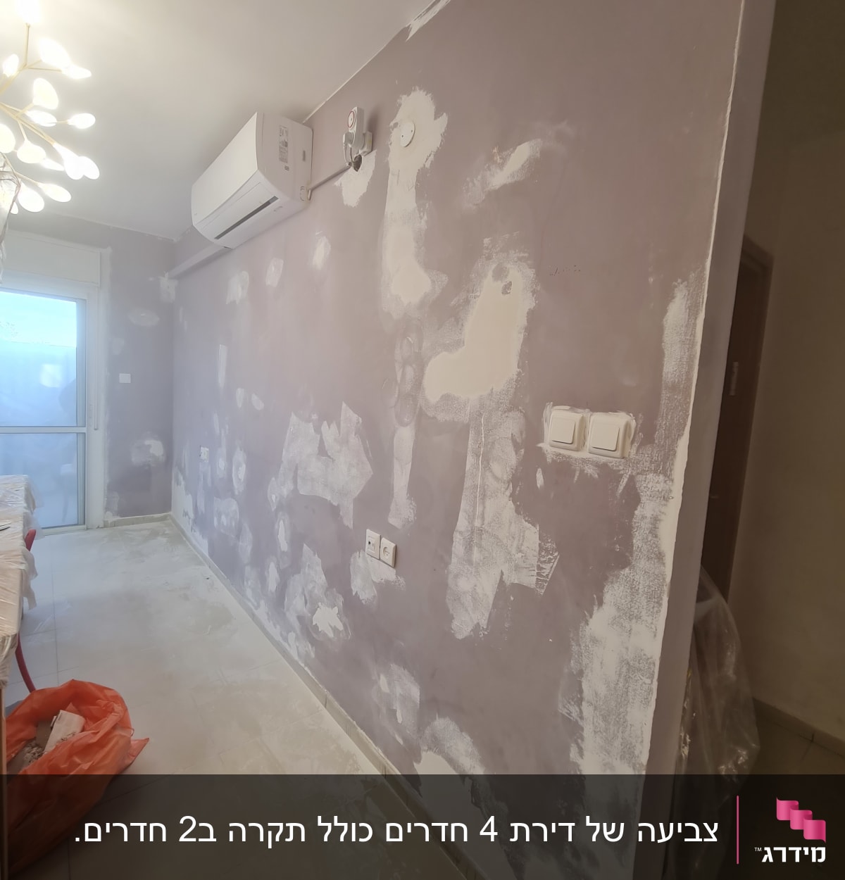 קיר עם תיקוני שפכטל לפני צביעה